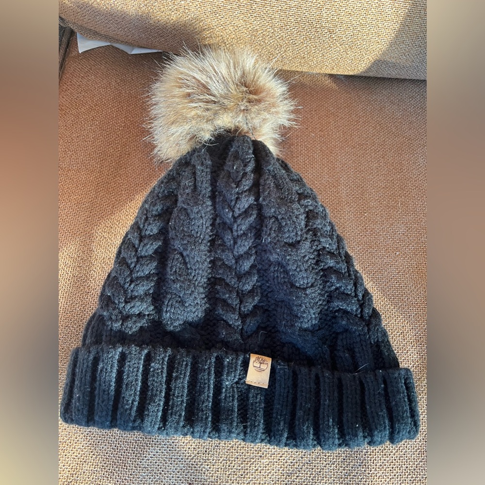 Timberland Black Knit Beanie with Faux Fur Lining